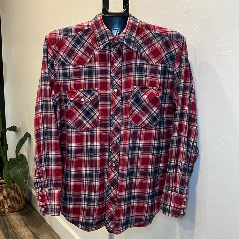 Wrangler Wrancher Pearl Snap Shirt Mens Large Plaid Flannel Long Sleeve Cotton